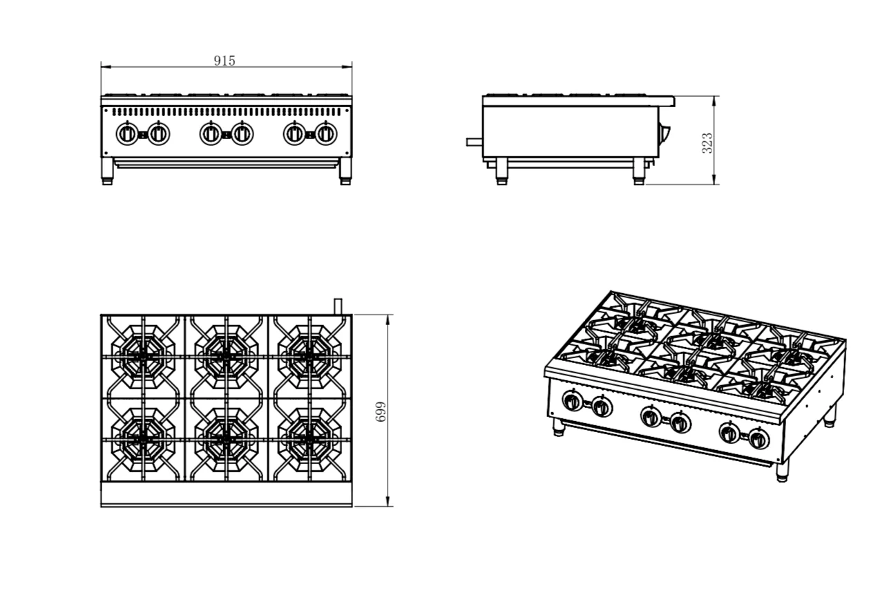 6 range Burner ULPG/NG Gas Cooktop Stove Hob - Commercial Kitchen Ranges & Stoves + Stand - Image 3
