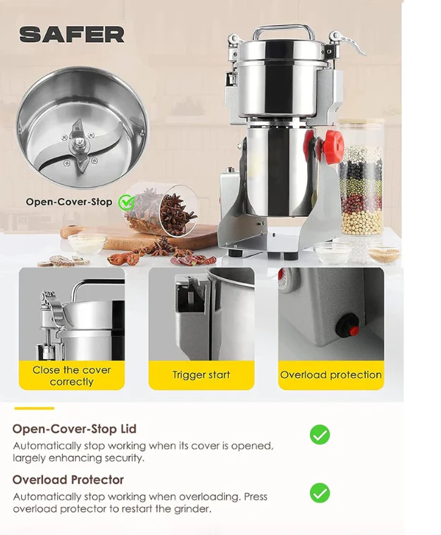 Electric Spice/Grain Grinder Mill Safety 2200W High-speed Spice Herb Grinder Commercial Superfine Machine Dry Cereals 800gms - Image 3