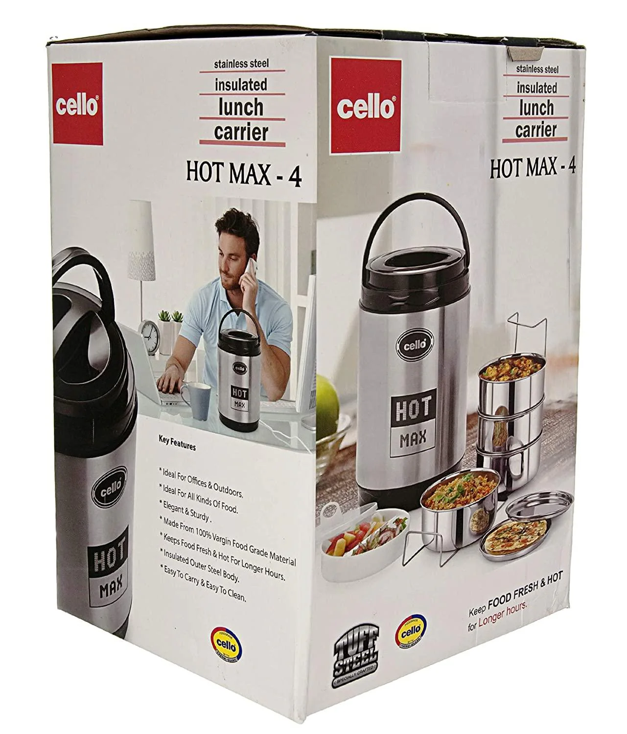 Cello HOT MAX-4 Stainless Steel Insulated Lunch Carrier,Colour- Black/Blue/Grey4 Containers (assorted colour) - Image 4