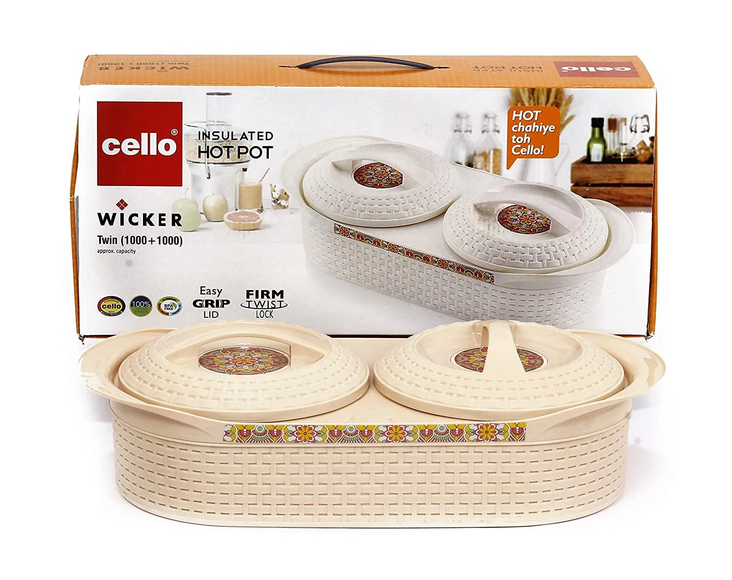 Cello insulated Hot Pot Wicker Twin (1000+1000) Beige