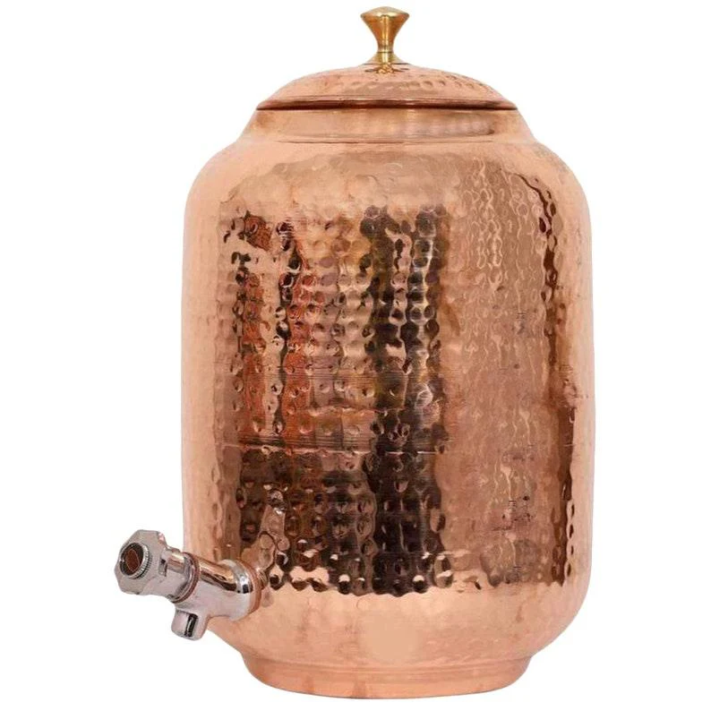 Water/Drink Dispenser 100% Pure Copper 8, 12,16 Litre Pot Hammered Matka Drinkware (Krishna)