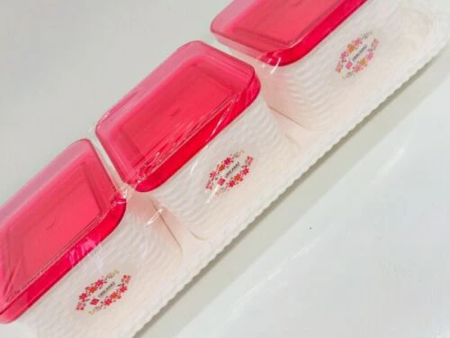 Dreamz Heavy Plastic Dry Fruit Set (3 Containers with Lid & 1 Serving Tray) , Pink & White - Image 2