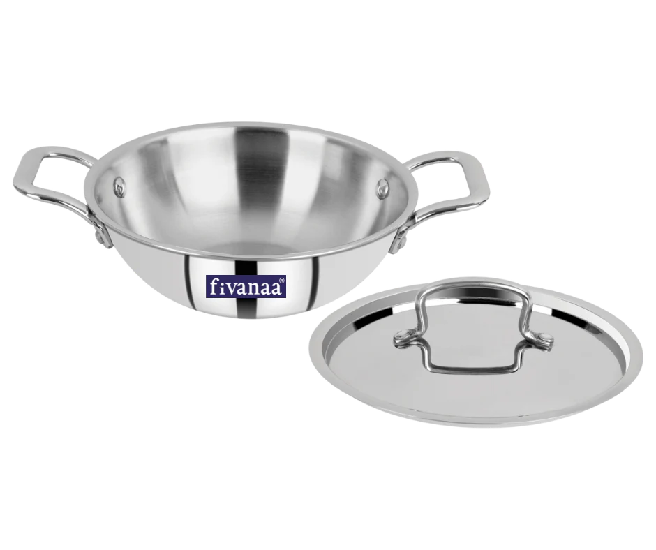 Fivanaa Stainless Steel deep Tri PLY Kadhai/ wok with Lid (induction friendly)