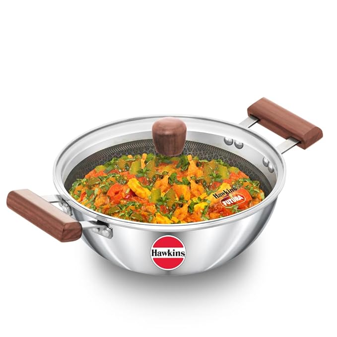 Hawkins 2.5 Litre Deep Kadhai, Triply Stainless Steel Shielded Nonstick Deep-Fry Pan with Rosewood Handle, Honeycomb Non Stick Induction Kadai, Silver (NSDK25G) - Image 2