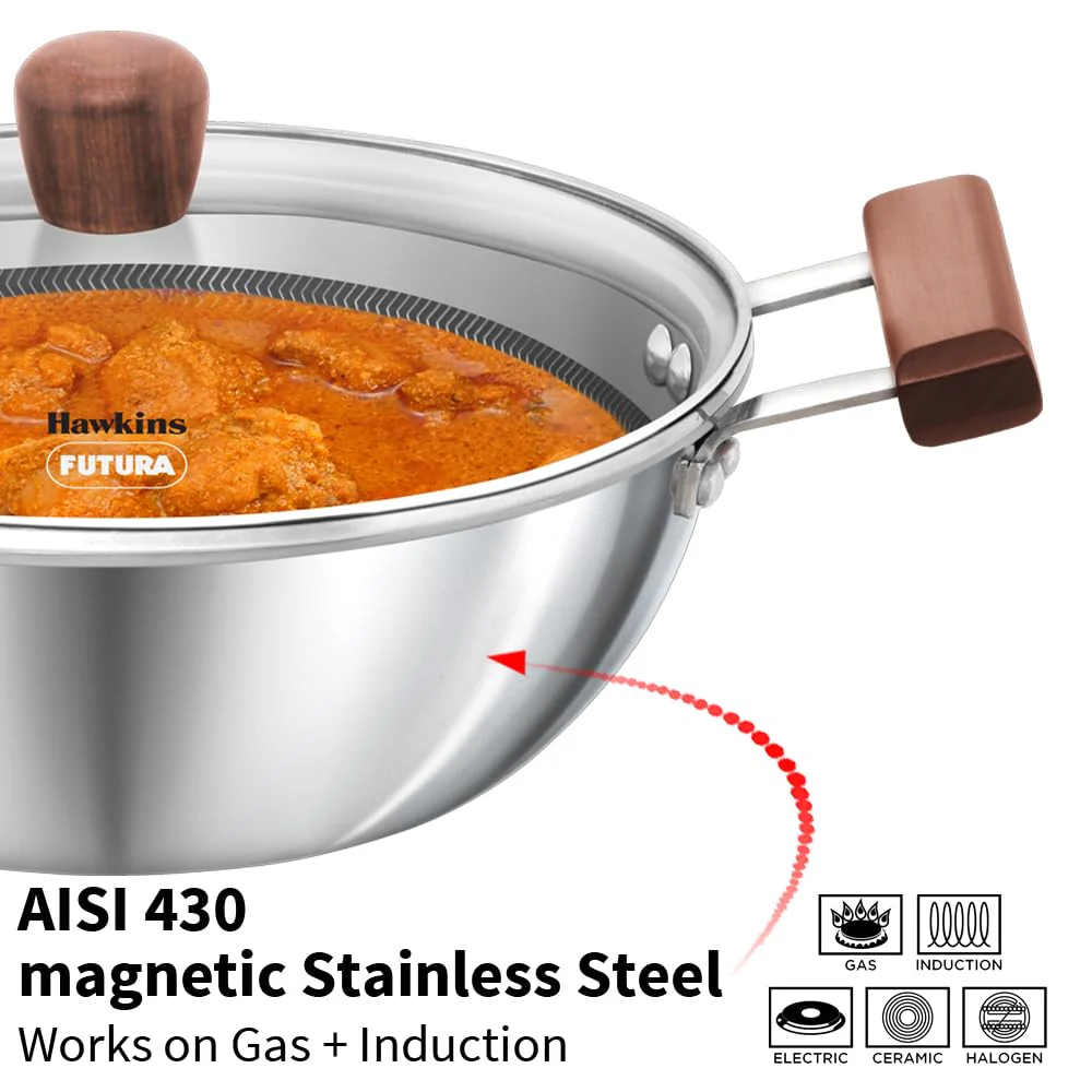 Hawkins 2.5 Litre Deep Kadhai, Triply Stainless Steel Shielded Nonstick Deep-Fry Pan with Rosewood Handle, Honeycomb Non Stick Induction Kadai, Silver (NSDK25G) - Image 3