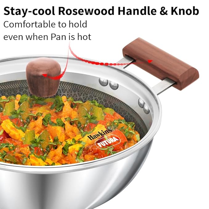 Hawkins 2.5 Litre Deep Kadhai, Triply Stainless Steel Shielded Nonstick Deep-Fry Pan with Rosewood Handle, Honeycomb Non Stick Induction Kadai, Silver (NSDK25G) - Image 4
