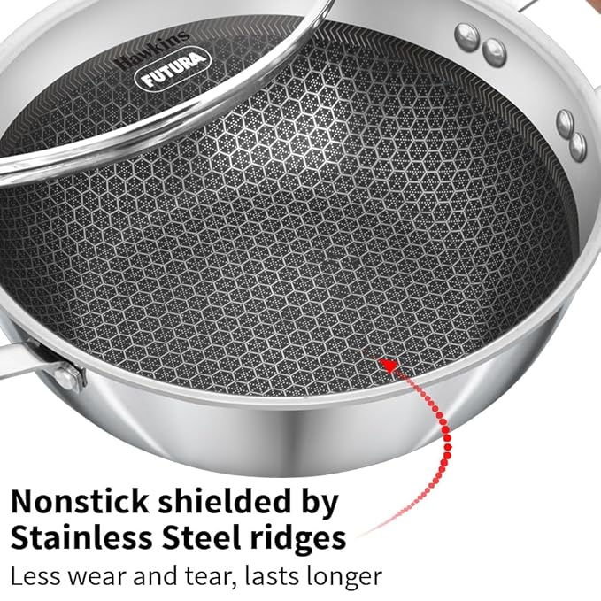 Hawkins 2.5 Litre Deep Kadhai, Triply Stainless Steel Shielded Nonstick Deep-Fry Pan with Rosewood Handle, Honeycomb Non Stick Induction Kadai, Silver (NSDK25G) - Image 6
