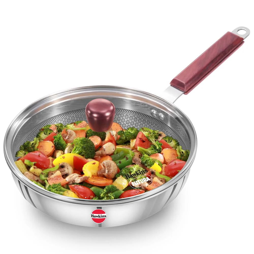 Hawkins 22 cm Frying Pan with Glass Lid, Triply Stainless Steel Shielded Nonstick Fry Pan with Rosewood Handle, Honeycomb, Induction, Silver (NSF22G)