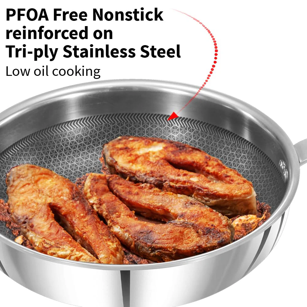 Hawkins 22 cm Frying Pan with Glass Lid, Triply Stainless Steel Shielded Nonstick Fry Pan with Rosewood Handle, Honeycomb, Induction, Silver (NSF22G) - Image 2