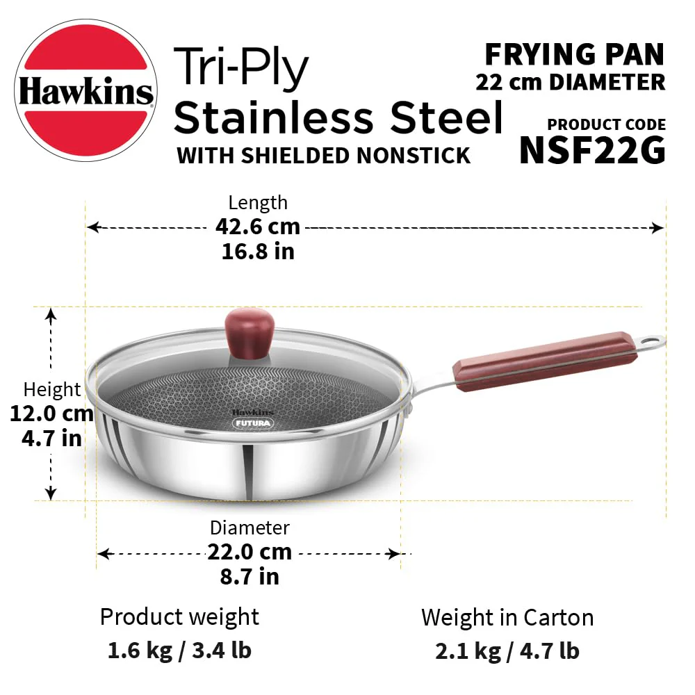 Hawkins 22 cm Frying Pan with Glass Lid, Triply Stainless Steel Shielded Nonstick Fry Pan with Rosewood Handle, Honeycomb, Induction, Silver (NSF22G) - Image 3