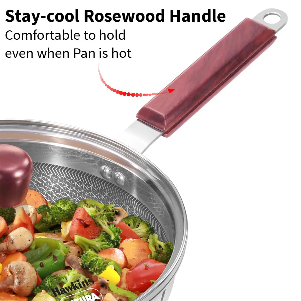 Hawkins 22 cm Frying Pan with Glass Lid, Triply Stainless Steel Shielded Nonstick Fry Pan with Rosewood Handle, Honeycomb, Induction, Silver (NSF22G) - Image 4