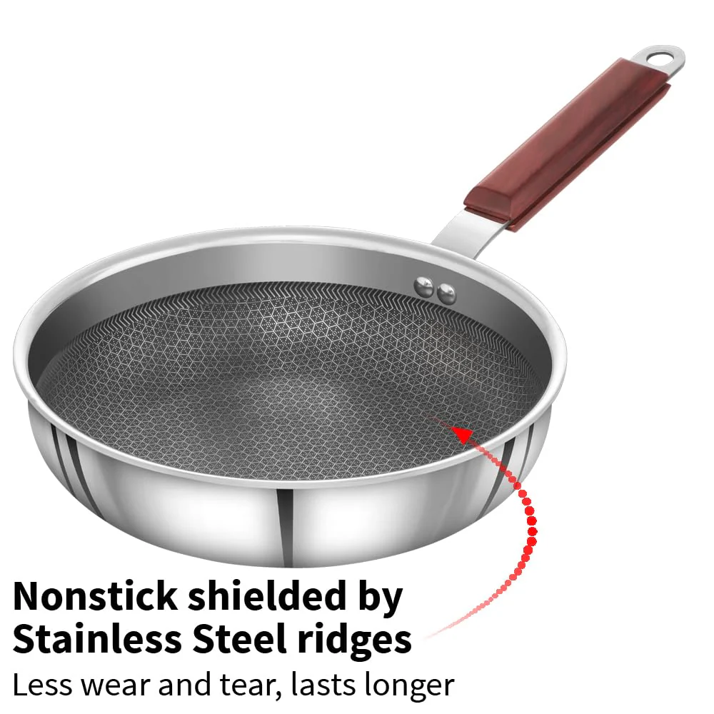 Hawkins 22 cm Frying Pan with Glass Lid, Triply Stainless Steel Shielded Nonstick Fry Pan with Rosewood Handle, Honeycomb, Induction, Silver (NSF22G) - Image 5