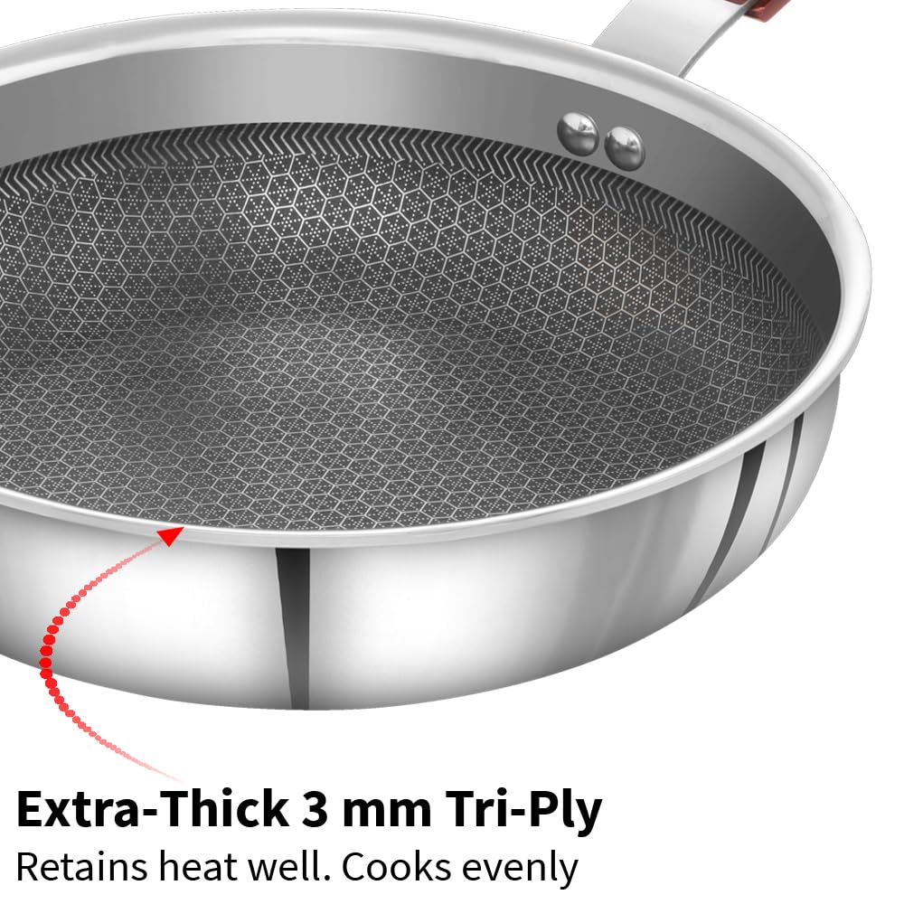 Hawkins 22 cm Frying Pan with Glass Lid, Triply Stainless Steel Shielded Nonstick Fry Pan with Rosewood Handle, Honeycomb, Induction, Silver (NSF22G) - Image 7