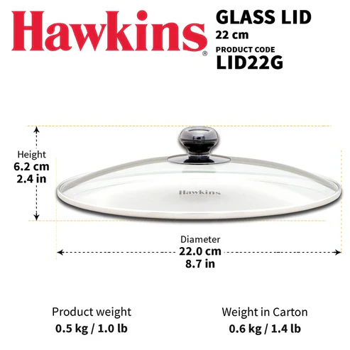 Hawkins 22 CM Glass Lid - LID22G | Stainless Steel Rim | Transparent | 1 Pc
