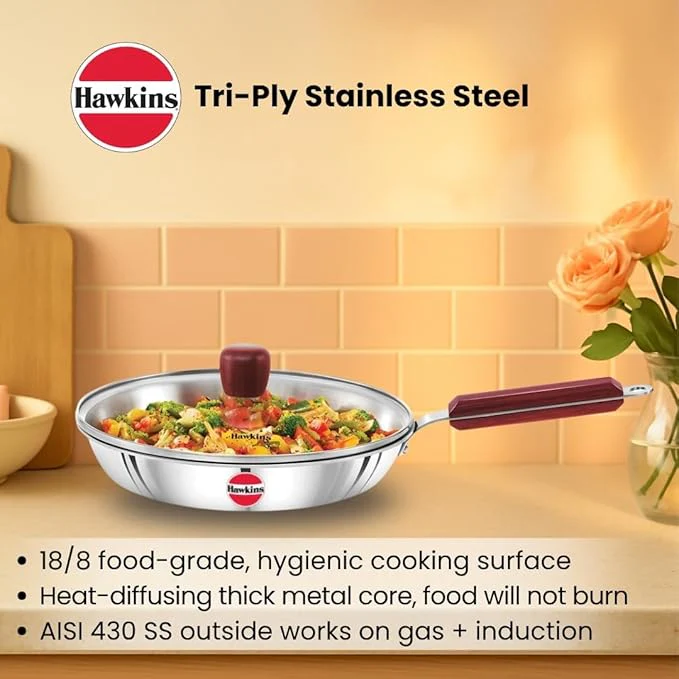 Hawkins 24 cm Frying Pan, Triply Stainless Steel Fry Pan with Glass Lid, Induction Frying Pan, Frypan, Silver (SSF24G) - Image 2