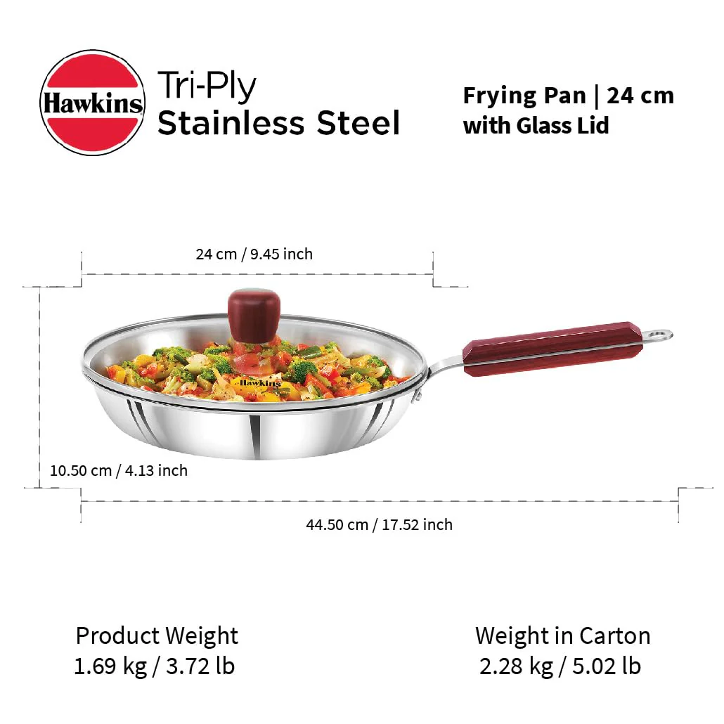 Hawkins 24 cm Frying Pan, Triply Stainless Steel Fry Pan with Glass Lid, Induction Frying Pan, Frypan, Silver (SSF24G) - Image 3