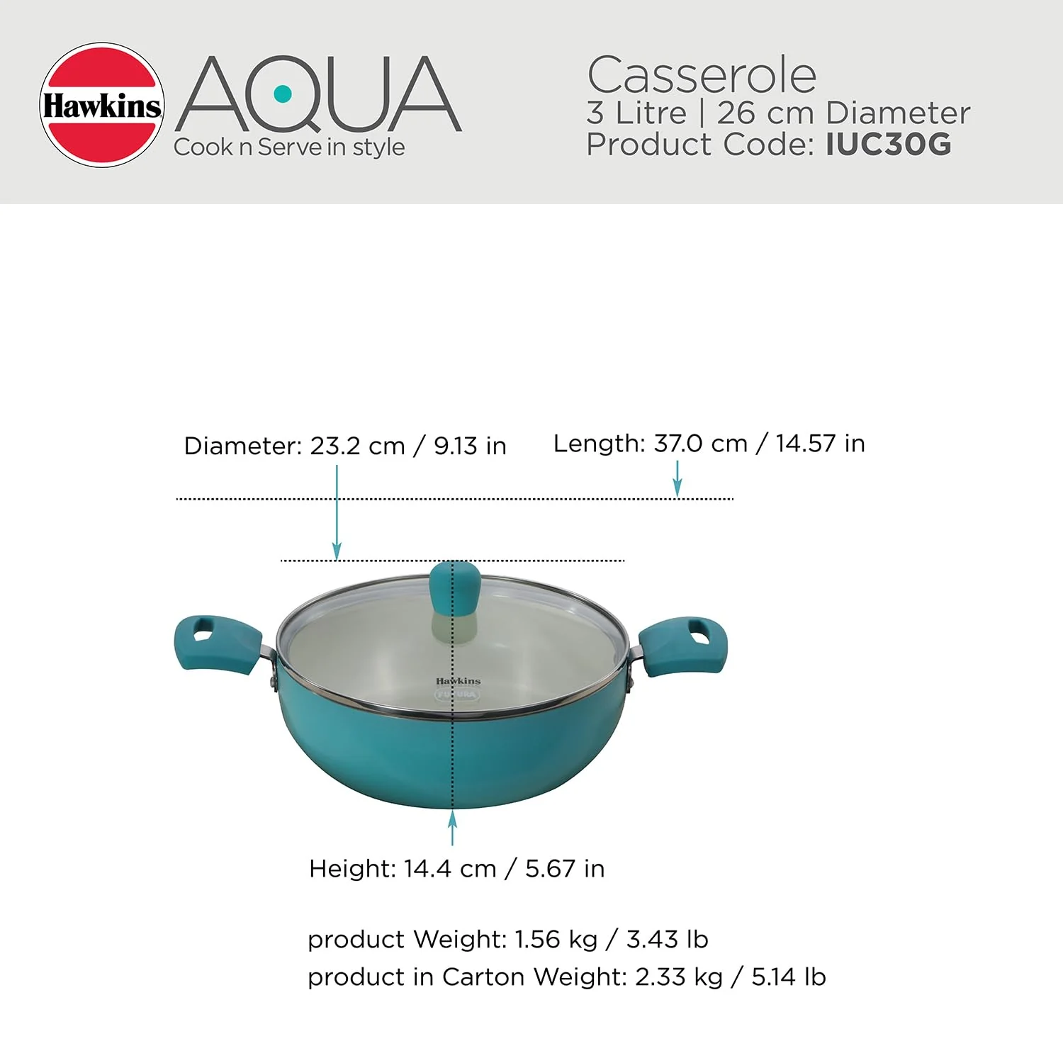 Hawkins 3 Litre Cook n Serve Casserole, Aqua Casserole with Glass Lid, Aqua Blue (IUC30G) - Image 2