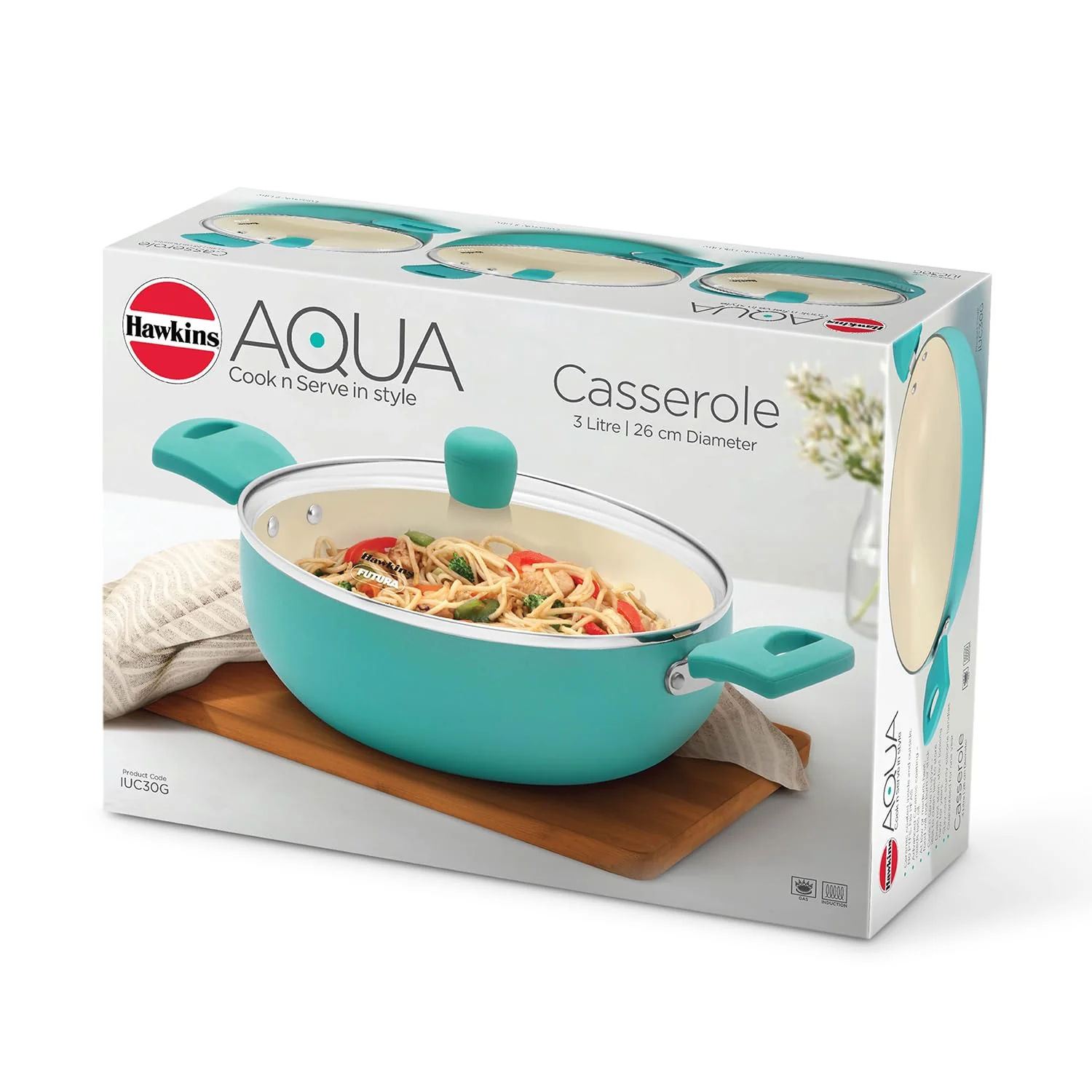 Hawkins 3 Litre Cook n Serve Casserole, Aqua Casserole with Glass Lid, Aqua Blue (IUC30G) - Image 8