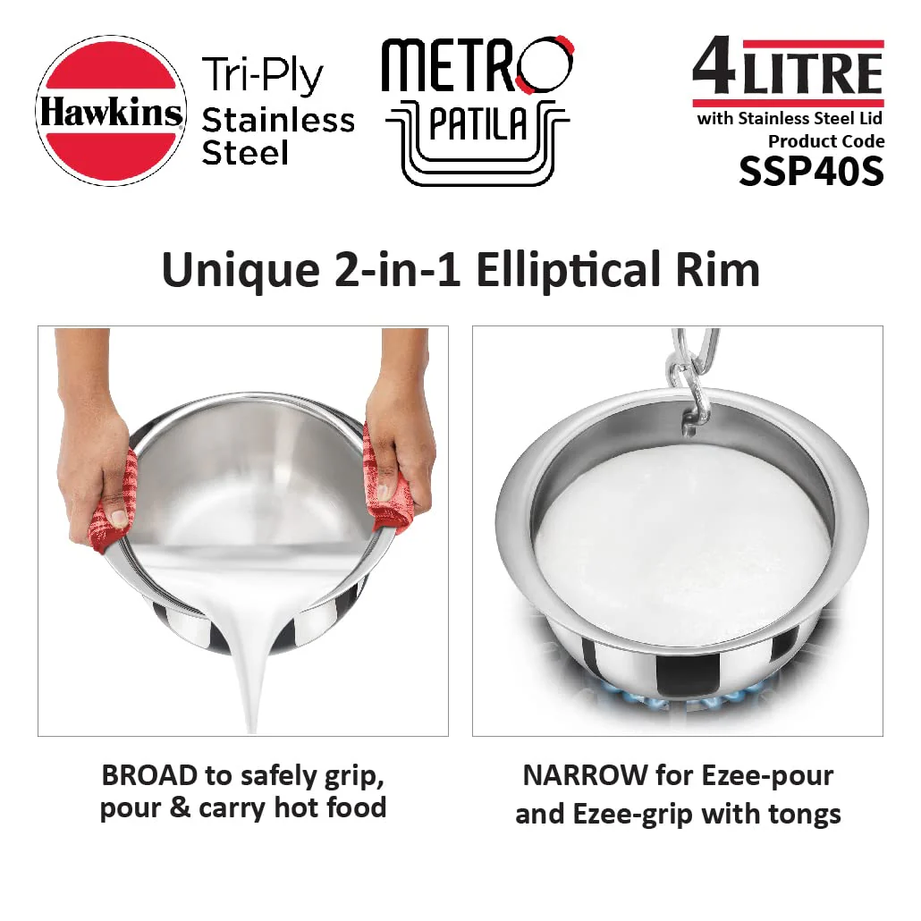 Hawkins 4 Litre Metro Patila, Triply Stainless Steel Tope with Stainless Steel Lid, Induction base (SSP40S) - Image 4