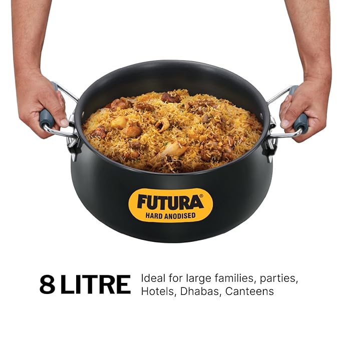 Hawkins Aluminium Futura 8 Litre Bigboy Polished Biryani Handi, Hard Anodised Pot with Hard Anodised Lid, Sauce Pan for Cooking and Serving Biriyani, Black (ABH8) - Image 3