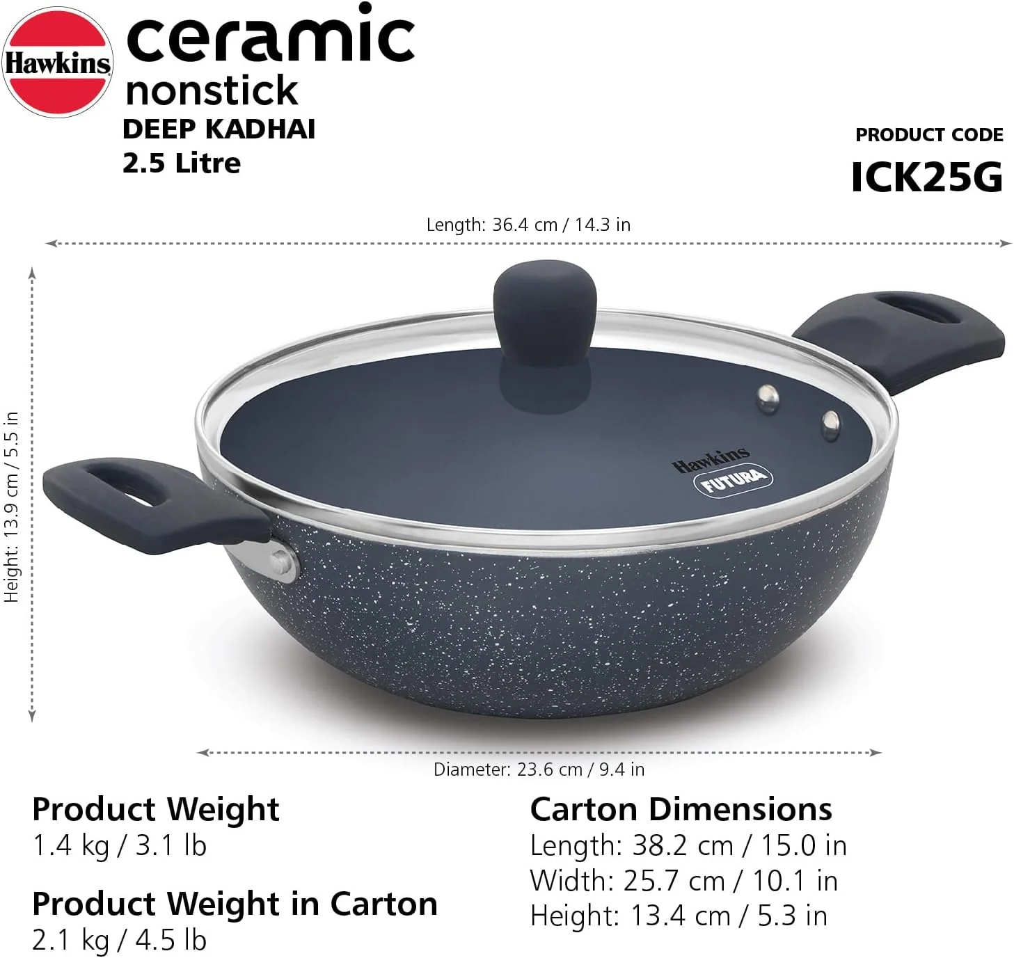 Hawkins Ceramic Nonstick 3.5,5 Litre Deep Kadhai, Induction Deep Fry Pan with Glass Lid, Granite Kadai (ICK35G)(ICK50G) - Image 2