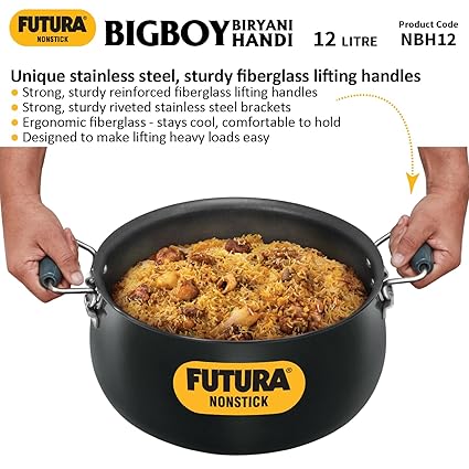 Hawkins Futura 12 Litre BigBoy Biryani Handi, Non Stick Pot with Hard Anodised Lid, Sauce Pan for Cooking and Serving Biriyani, Black (NBH12) - Image 3