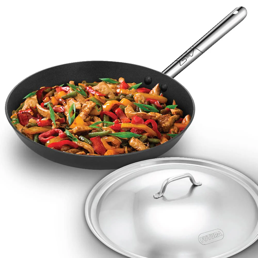 Hawkins Futura 29-30 cm Frying Pan, Non Stick Fry Pan with Stainless Steel Handle and Stainless Steel Lid, Induction Frying Pan, Big Frying Pan, Black (INFS29/30S)