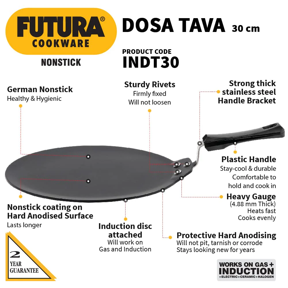 Hawkins Futura 30 cm Non Stick Dosa Tawa, Induction Base Black (INDT30) - Image 2