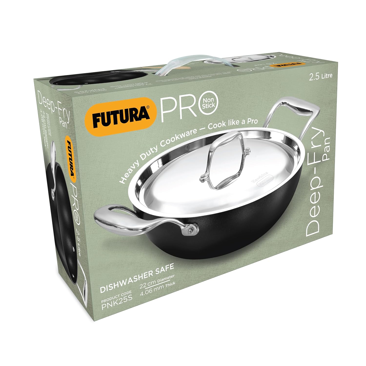 Hawkins Futura Pro 2.5 Litre Deep-Fry Pan, Nonstick Kadhai with Stainless Steel Handles and Stainless Steel Lid, Balck (PNK25S) - Image 2