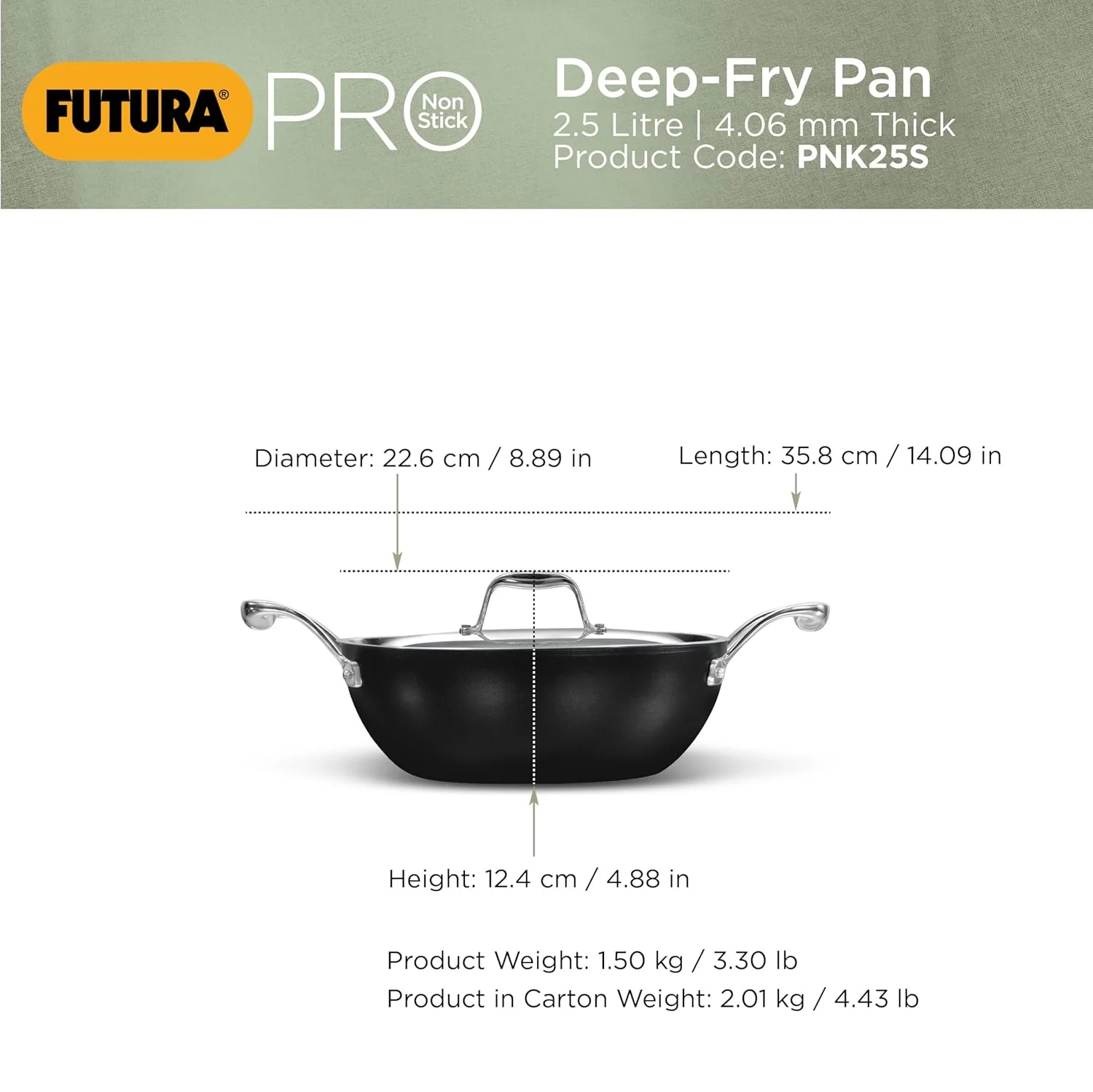 Hawkins Futura Pro 2.5 Litre Deep-Fry Pan, Nonstick Kadhai with Stainless Steel Handles and Stainless Steel Lid, Balck (PNK25S) - Image 4