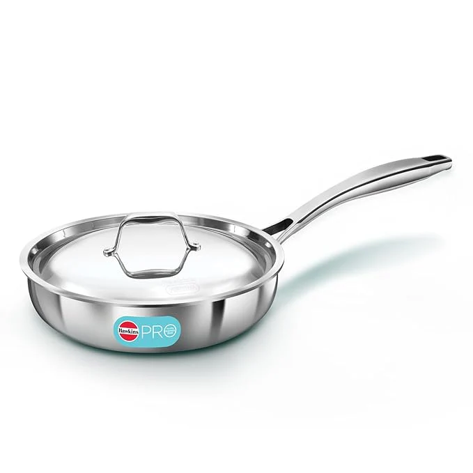 Hawkins Pro 22 cm Frying Pan, Triply Stainless Steel Fry Pan with Stainless Steel Handle and Stainless Steel Lid, Silver (PSF22S)