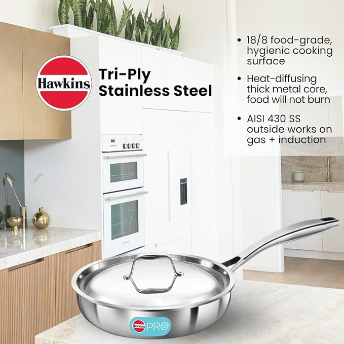 Hawkins Pro 22 cm Frying Pan, Triply Stainless Steel Fry Pan with Stainless Steel Handle and Stainless Steel Lid, Silver (PSF22S) - Image 2