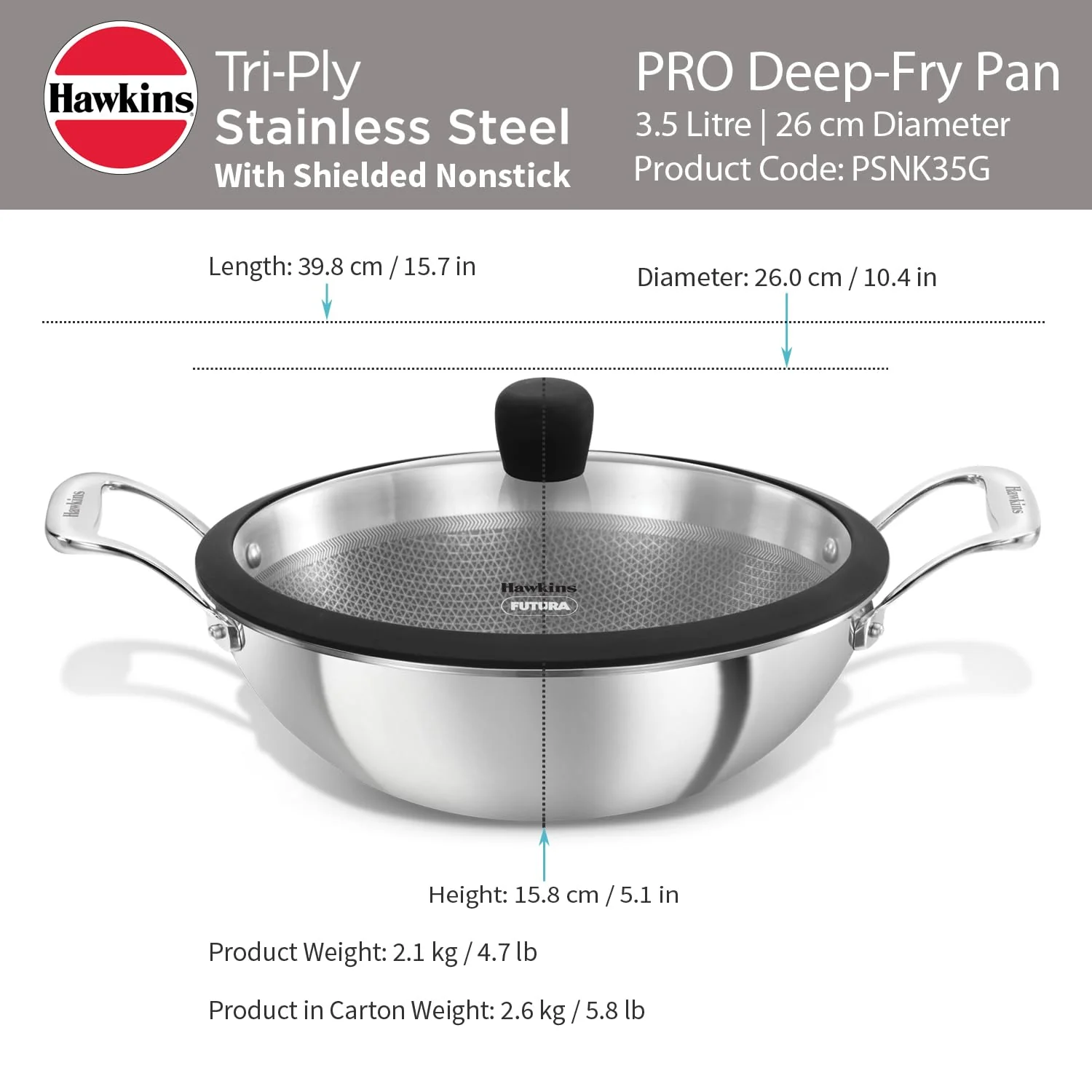 Hawkins Pro 3.5 Litre Shielded Nonstick Triply Deep-Fry Pan, Kadhai with Stainless Steel Handles and Glass Lid, Silver (PSNK35G) - Image 2