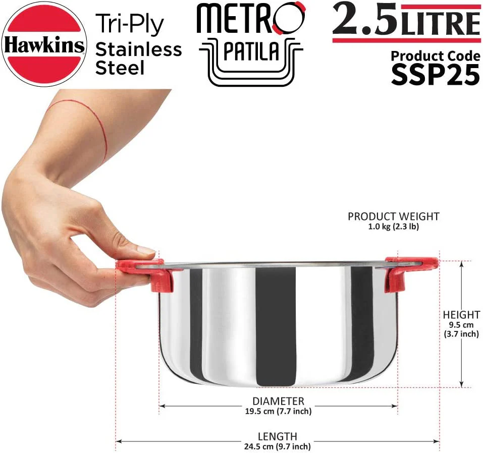 HAWKINS Tri-Ply Stainless Steel Induction Compatible Metro Patila, 2.5 Litre (SSP25) - Image 2