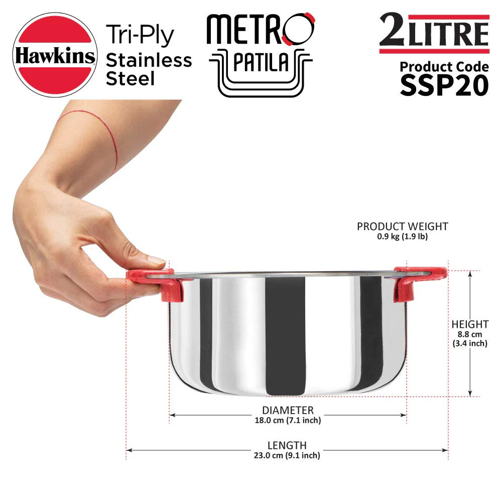 HAWKINS Tri-Ply Stainless Steel Induction Compatible Metro Patila, 2 Litre (SSP20) - Image 2