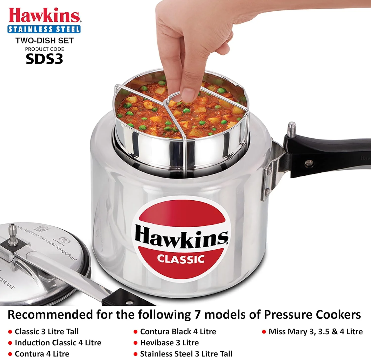 Hawkins Two-Dish Stainless Steel Set, Cooker Separator, Pressure Cooker Pots, Silver (SDS3), 1.275 liters - Image 2