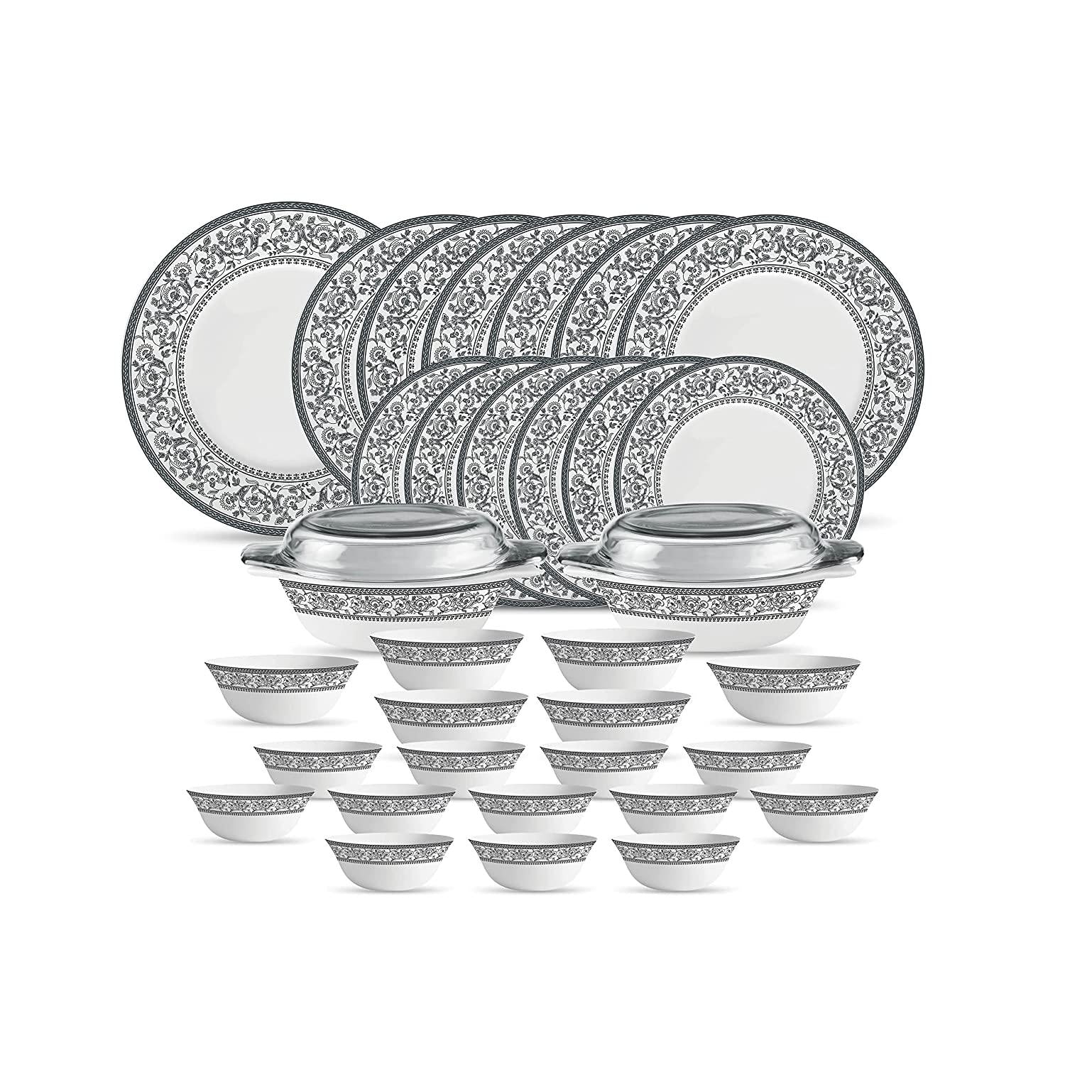 La Opala Diva, Sovrana Collection, Opal Glass Dinner Set 35 pcs, Persian Grey, White