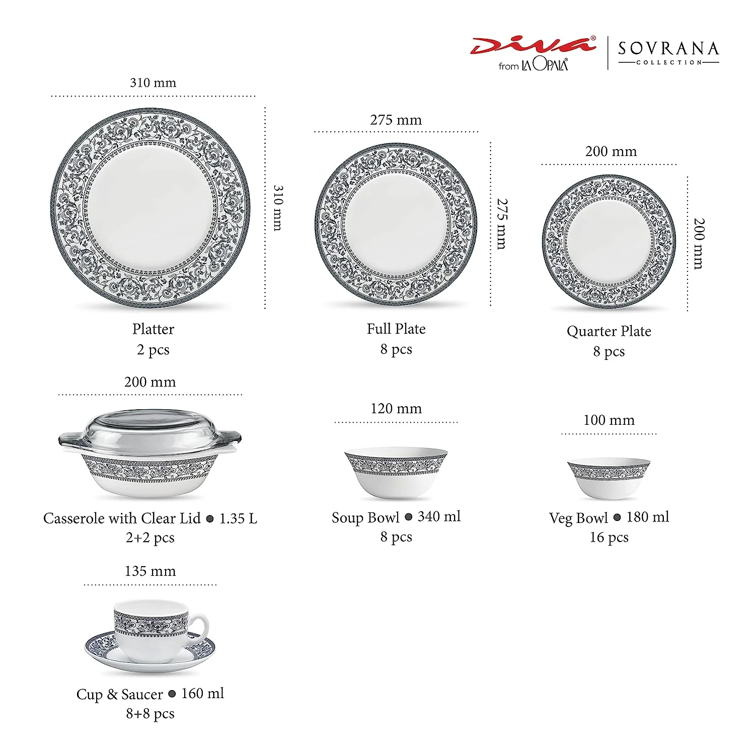 La Opala Diva, Sovrana Collection, Opal Glass Dinner Set 62 pcs, Persian Silver - Image 2