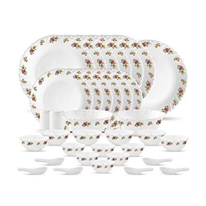 La Opala, Novo Collection, Opal Glass Dinner Set 35 and 45 pcs, Petite Roses, White