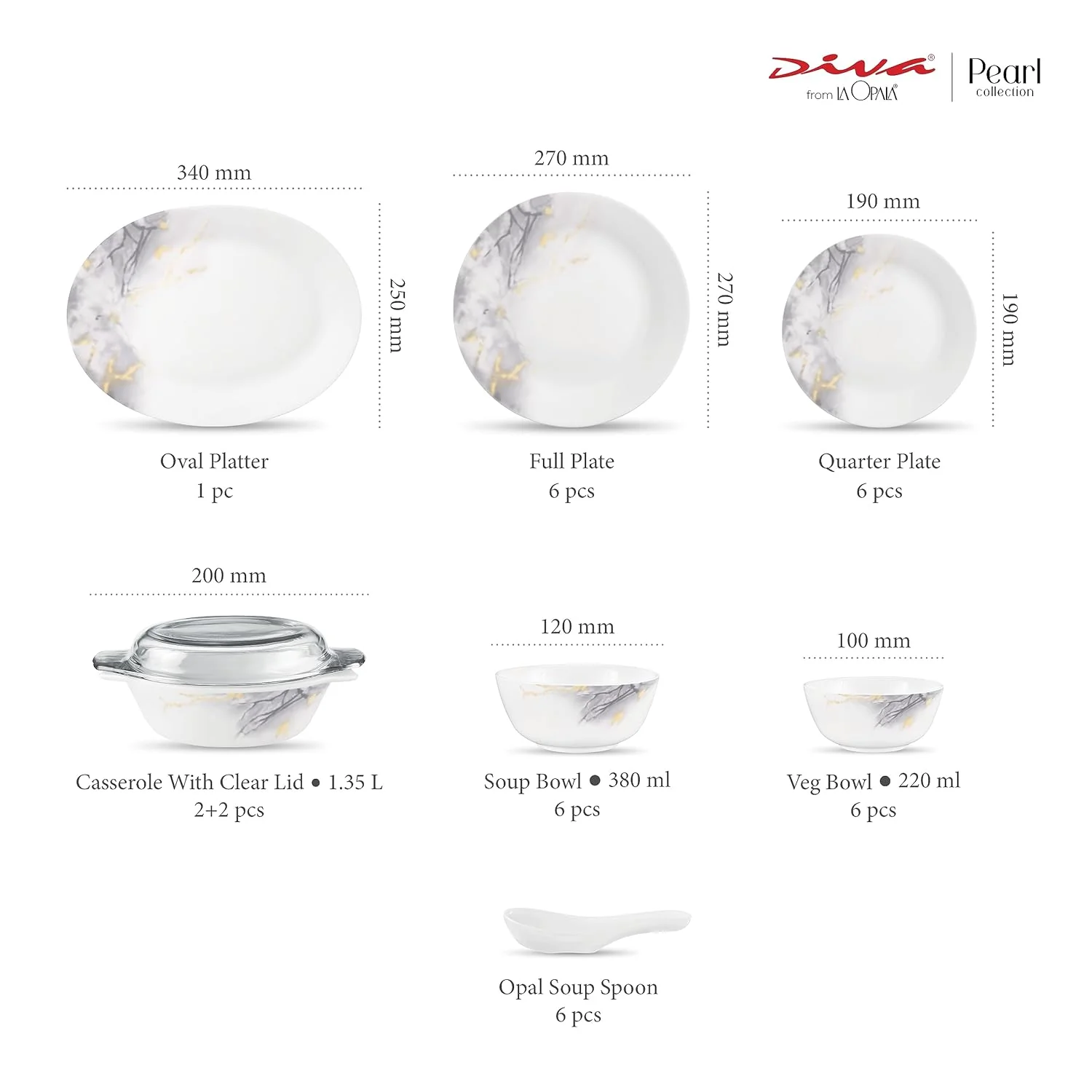 La Opala, Pearl Collection, Opal Glass Dinner Set 35 pcs, Twilight Clouds - Image 2