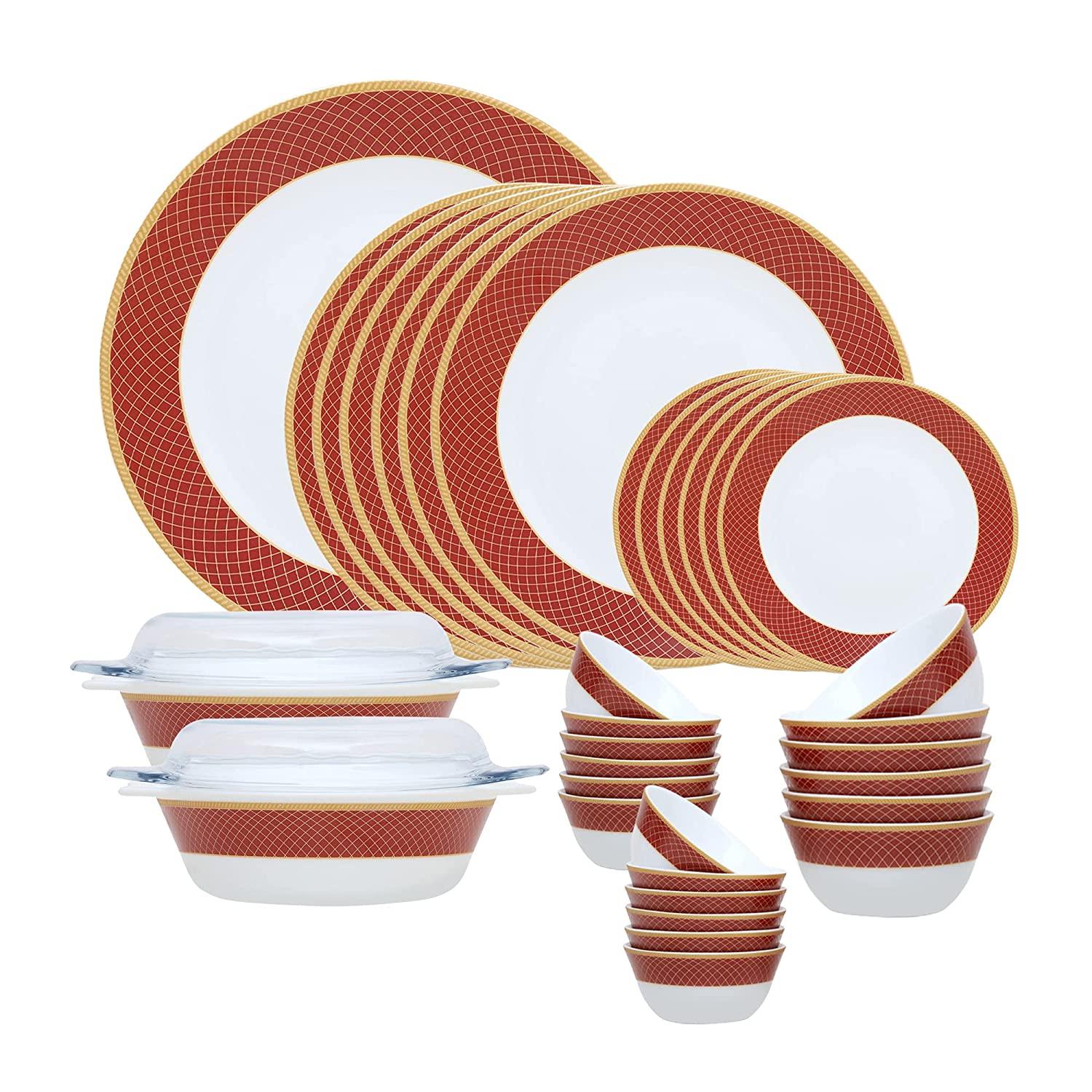 La Opala Sovrana Collection, Opal Glass Dinner Set 35 pcs, Regent red, White