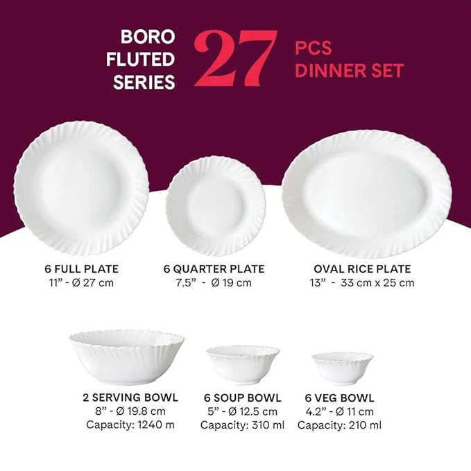 Larah by Borosil Boro Fluted Series Opalware Dinner Set | 27 Pieces - Image 3