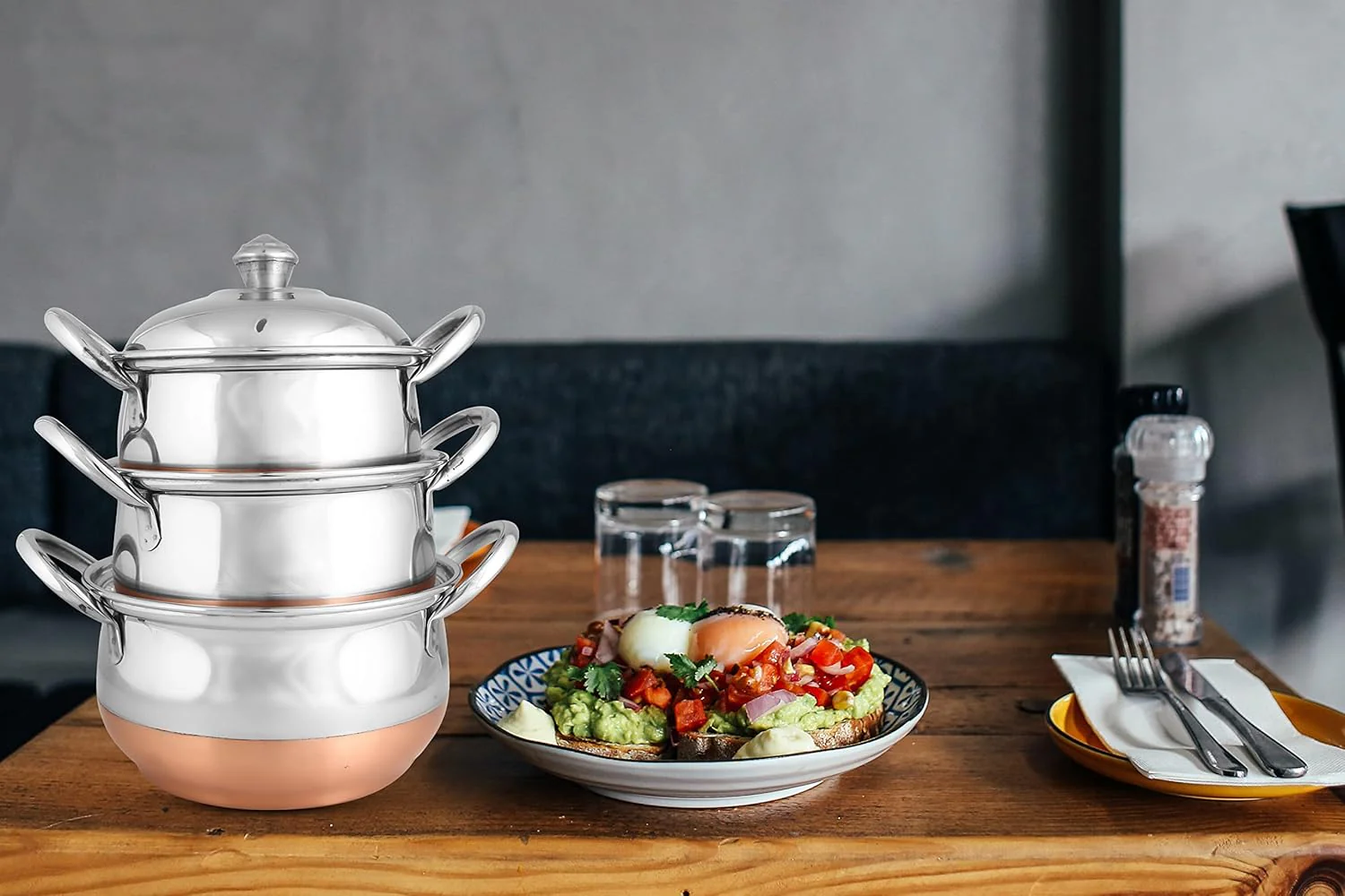 Stainless Steel Punjabi Handi Copper Bottom cookware Cooking Pot with lid -(3 Pcs Set) Utella