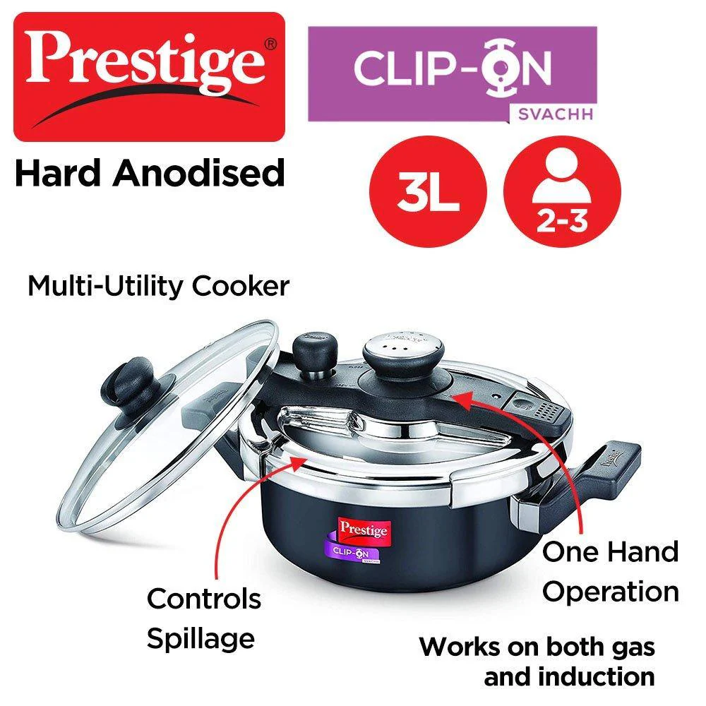 Prestige Svachh, 3 L, Hard Anodised Pressure Cooker, with deep lid for Spillage Control