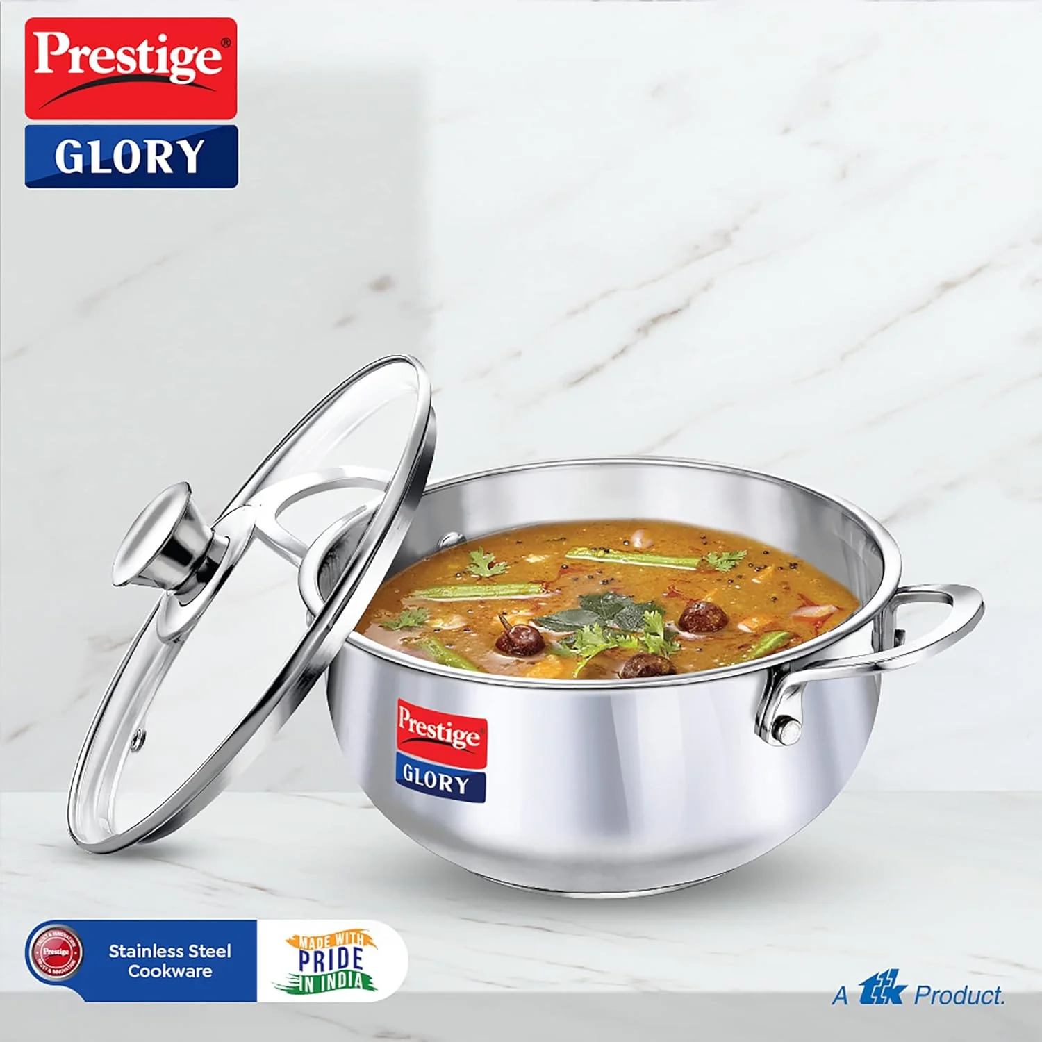 Prestige Glory Stainless Steel Cookware Kadai 22 Cm / 3.5 Liter with Glass Lid - Image 2