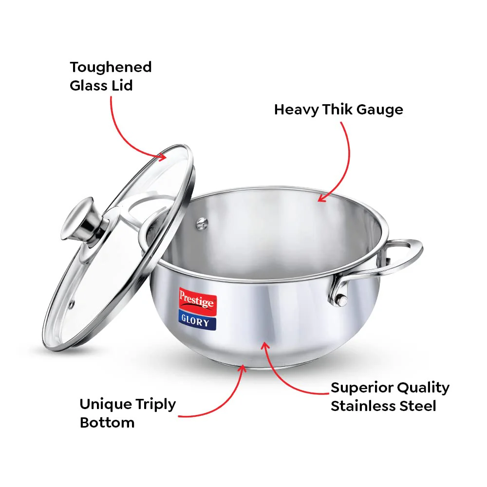 Prestige Glory Stainless Steel Cookware Kadai 22 Cm / 3.5 Liter with Glass Lid - Image 3