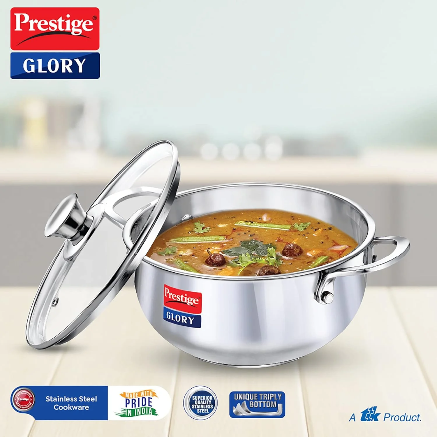 Prestige Glory Stainless Steel Cookware Kadai 22 Cm / 3.5 Liter with Glass Lid - Image 4