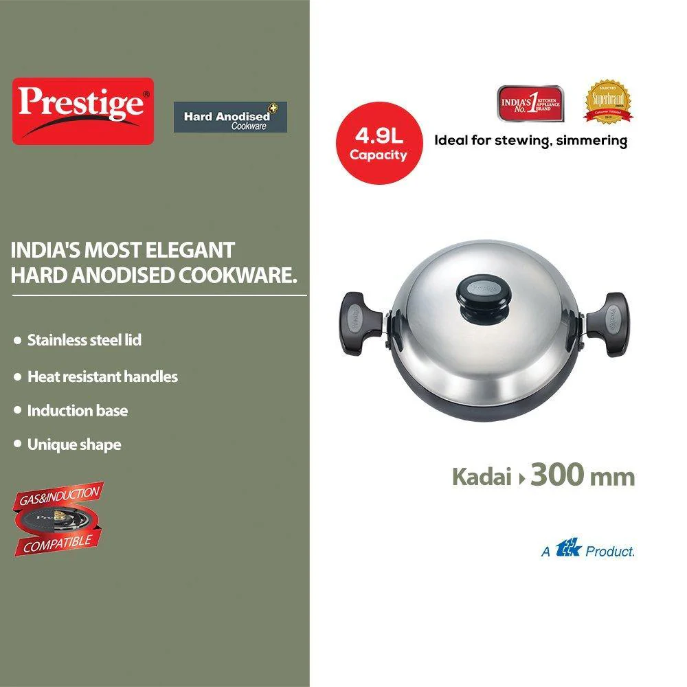 Prestige Hard Anodised Aluminium Kadai, 300 mm with Stainless Steel  lid