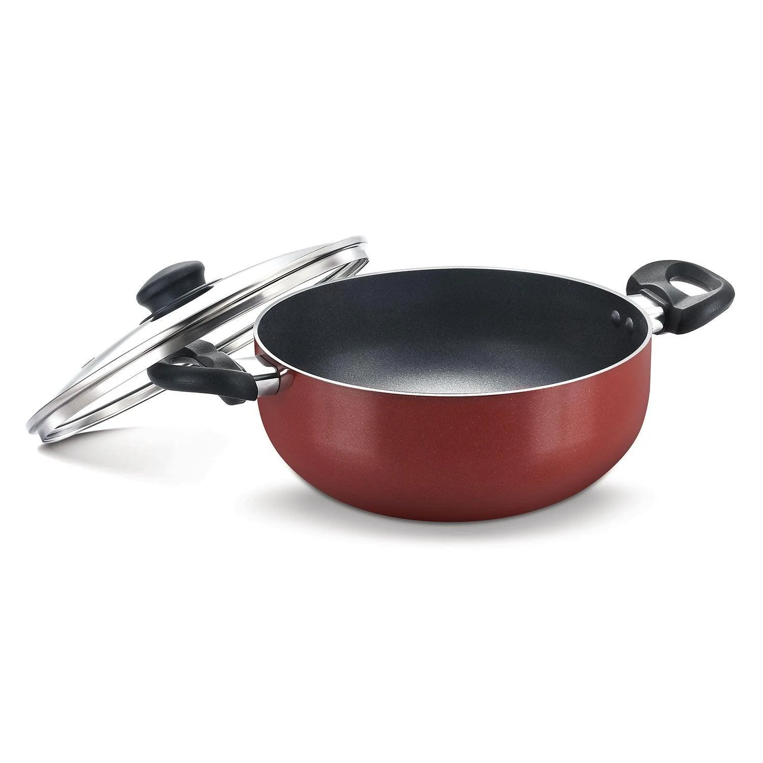 Prestige Omega Deluxe Aluminum Non-Stick Round Base Deep Kadai with Glass Lid (Red) 3 Sizes