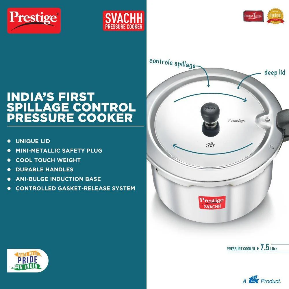 Prestige Svachh Aluminium pressure cooker, 7.5 Litre (New Arrival) - Image 2